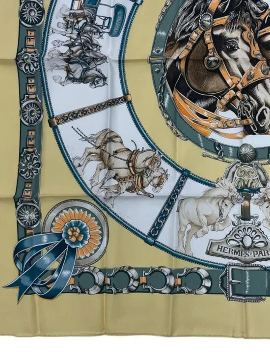 Hermes Scarf Silk Carre 90 Chevaux de Trait Yellow - Picture 4 of 9